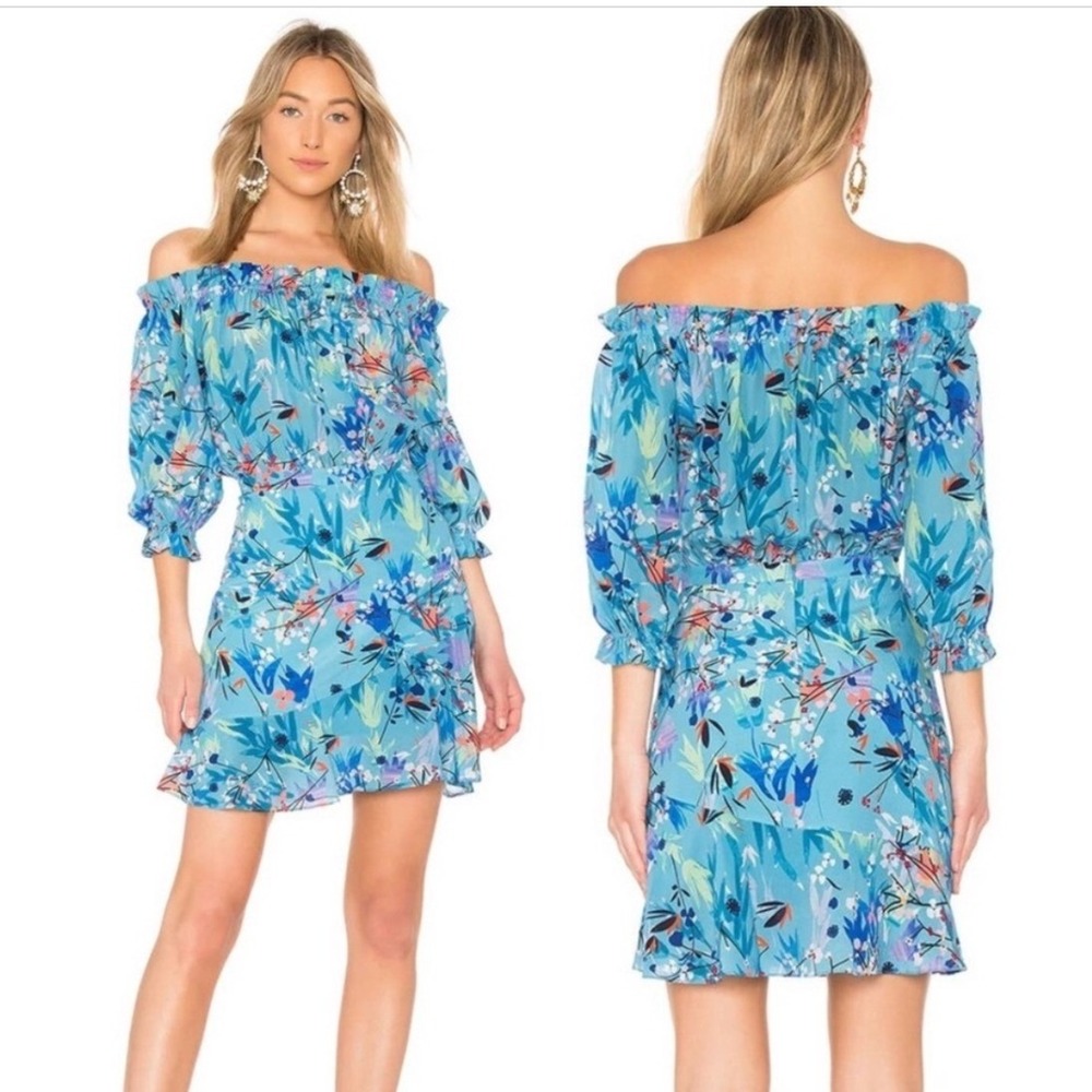 SALONI Grace Bluebell Wood Silk Off The Shoulder Mini Dress Blue Floral US 4